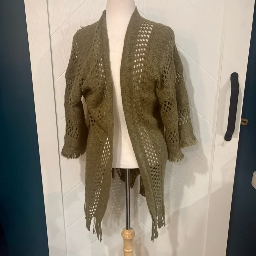 Olive green crochet boho fringe knit cardigan‎ ( small) festival / cottagecore - Picture 3 of 7